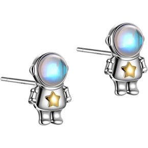 Cute Astronaut Sterling Silver Small Stud Earrings for Women Girls Men Personalized Unique Robot Saucerman Love Heart Studs Tragus Post Hypoallergenic Unisex Jewelry