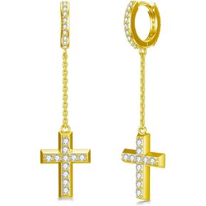 Cross Hoop Earrings 925 Sterling Silver Dangle Cubic Zirconia Huggie Dangle Earrings Chain Dropping Cross Earrings Drop Earrings for Women Men