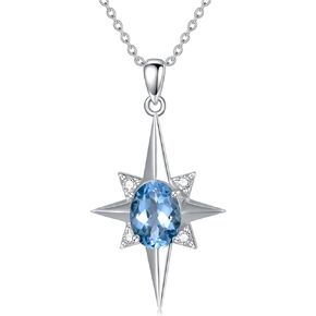 Swiss Blue Topaz Necklace for Women 925 Sterling Silver Star Pendant Necklace with Genuine Blue Topaz Glittering Birthstone Necklace for Mom Jewelry Gift for Women