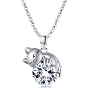 LONAGO Cat Necklace wih Bithstone 925 Sterling Silver Cat Pendan Necklace Gift for Women