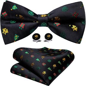 Barry.Wang Mens Christmas Pre-Tied Bow Tie Holiday Festival Vacation Xmas Bowties Pocket Square Cufflinks