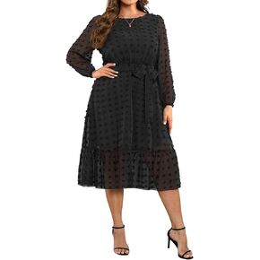 Holipick Women 2024 Spring Plus Size Swiss dot A-Line Long Sleeve Midi Dress Wedding Guest Elegant Flowy Dresses in Kuwait