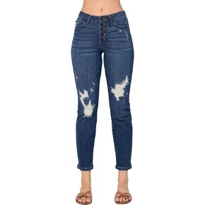 Judy Blue Women's High Waist Zigzag and Button Fly Destroyed Boyfriend Jeans (Dark Blue, 18W)