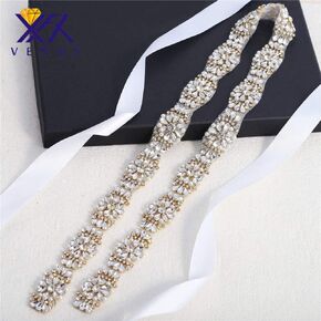 XINFANGXIU 1 yard Gold Rhinestone Beaded Wedding Dress Applique Sparkly for Bridal Ribbon Belt Iron on Crystal Thin Jeweled Sash Applique for Women Formal Prom Evening Bridesmaid Gown