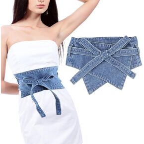 حزام دينيم للسيدات، حزام خصر عريض كاجوال عتيق، حزام مزخرف لتنورة قميص السيدات مع حزام ضيق، اكسسوار فستان نسائي، ازرق، M, أزرق in Kuwait