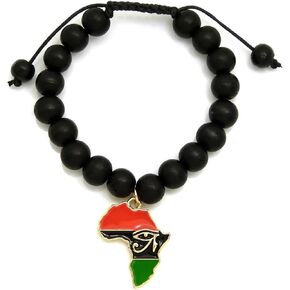CBC Crown Pan African Colored Africa Map Continent Charm with Egyptian Symbols Adjustable Wooden Bead Bracelet