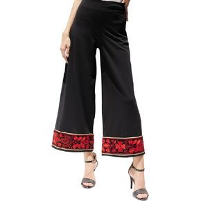 Palestine Traditional Women Folklore Palestinian Embroidered Wide Capri Pull On Pants with Embroidery Black