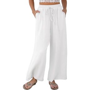 FLAVOFIIT Women Linen Wide-Leg Palazzo Pants Summer Flowy Baggy High Waist Casual Lounge Travel Trousers with Pockets
