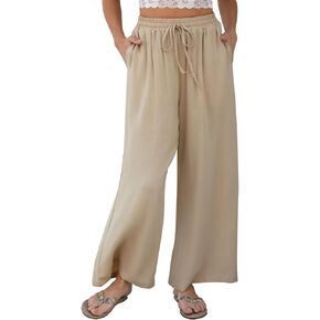 FLAVOFIIT Women Linen Wide-Leg Palazzo Pants Summer Flowy Baggy High Waist Casual Lounge Travel Trousers with Pockets in Saudi Arabia