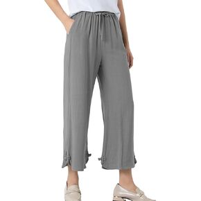 Minibee Women's Linen Pants Drawstring Waist Wide Leg Trousers with Frog Button