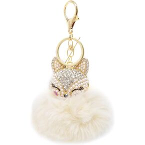 HONBAY Faux Rabbit Fur Fluffy Keychain Fashion Fox Head Alloy Keychain Sparkly Rhinestone Car Keychain (Beige)