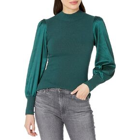 Cable Stitch Women's Satin-Sleeve Sweater Top - Mock Neck Contrast Long Sleeve Pullover Top