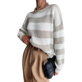 Floerns Women's Striped Print Crewneck Drop Shoulder Long Sleeve Pullover Sweater