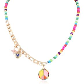 Colorful Peace Sign Beaded Necklace for Women Teen Girls with Cute Charm Bohemian Rainbow Beads Hippie Choker Necklace Pendant Love Peace Adjustable Gold Chain Handmade Boho Beach Y2K Jewelry Gift