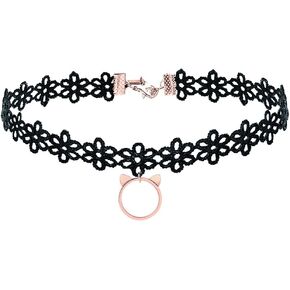 Silver Rosegold Plated Cat Black Flower Lace Chocker Necklace Cat Chocker Necklace For Women