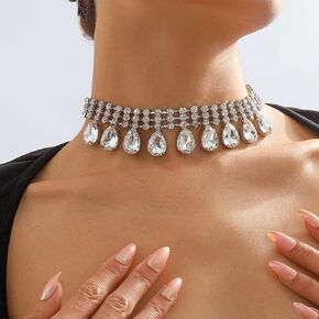 Missgrace Boho Punk Vintage Shiny Silver Gold Rhinestones Choker Necklace for Women Chunky Short Necklace Silver Chain Necklace Jewelry for Women