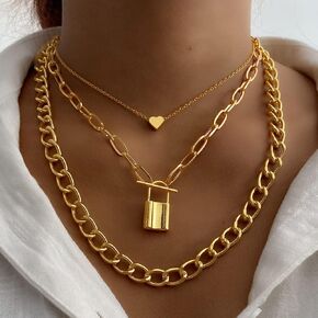 Xerling Boho Layered Necklaces for Women Gold Chunky Chain Choker Heart Lock Pendant Cuban Link Necklace