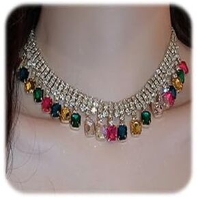 Rectangle Rhinestone Drop Necklace for Women Sparkling Tassel Rhinestone Choker Necklace Bohemian Rhinestone Crystal Pendant Necklace Statement Necklace for Wedding Party Gift