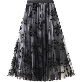 Women's Midi Length Skirt Layered Tulle A Line Skirts Embroidery/Floral Print Elastic Waist