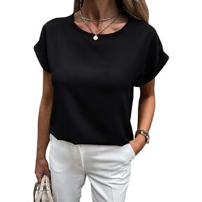 Lynwitkui Womens 2023 Summer Crewneck Short Sleeve Chiffon Blouses Keyhole Back Business Casual Tops