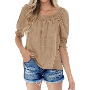Sovelen Womens Casual Square Neck Puff Half Sleeve Tops Pleated Loose Basic Summer T Shirts Blouses