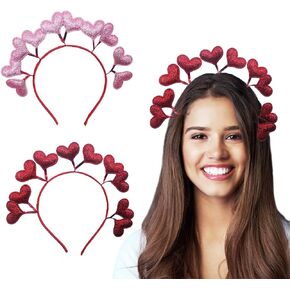 2 Pack Valentine's Day Heart Headband for Women, Red Pink Glitter Heart Headbopper Tiara for Girls Kids, Love Heart Sequin Headbands Party Props for Valentines Wedding Holiday Party Supplies