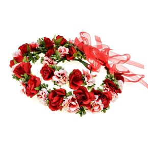 Women Boho Flower Headband with Wristband Girls Floral Crown Wreath (Purple)