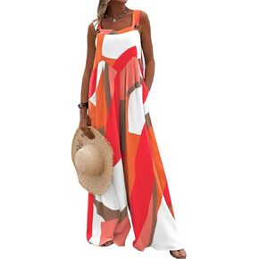 Vrtige Women's Floral Printed Square Neck Sleeveless Wide Leg Long Pants Romper Jumpsuit with Pockets