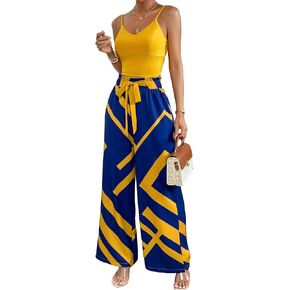 Floerns Women's 2 Piece Outfit Cami Top with Printed Belted Wide Leg Pants Set