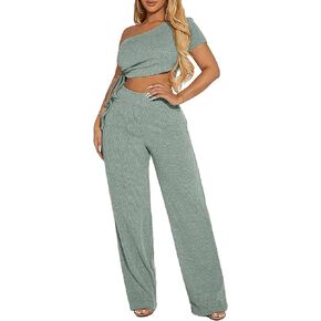 WDIRARA Women's 2 Piece Outfits One Shoulder Short Sleeve Drawstring Side Crop Tops and Wide Leg Pants Casual Sets