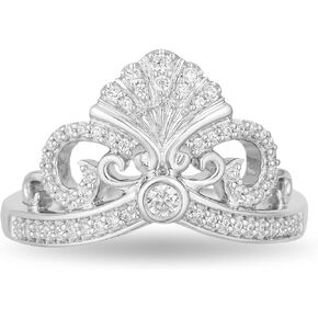 Jewelili Enchanted Disney Fine Jewelry Sterling Silver 1/5 Cttw Diamond Ariel Shell Tiara Ring.