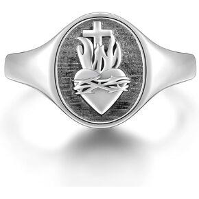 FLYOW S925 Sterling Silver Flaming Sacred Heart Rings Catholic Faith Charm Women Signet Ring Adjustable Love of God Thorn Jewelry Easter Gifts