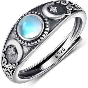Triple Moon Ring for Women 925 Sterling Silver Moonstone Triple Moon Ring Moonstone Moon Phase Ring Open Adjustable Moonstone Ring Wiccan Jewelry Gift for Women Men
