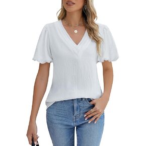 BMJL Womens White Blouse V Neck Puff Short Sleeve Cute Summer Trendy Tops Business Casual Work Outfits