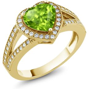 Gem Stone King 18K Yellow Gold Plated Silver Peridot and Moissanite Ring For Women (1.89 Cttw, Heart Shape 8MM, Gemstone Birthstone, Available In Size 5, 6, 7, 8, 9)