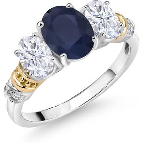 925 Sterling Silver and 10K Yellow Gold Oval Blue Sapphire White Moissanite and White Diamond 3 Stone Ring For Women (2.83 Cttw, Gemstone September Birthstone, Available In Size 5, 6, 7, 8, 9)