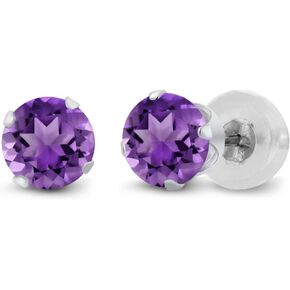 Gem Stone King 10K White Gold Amethyst Stud Earrings For Women (1.00 Cttw, Gemstone Birthstone, Round 5MM)