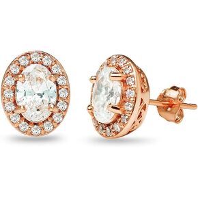 Sterling Silver Oval Halo AAA Cubic Zirconia Bridal Engagement CZ Stud Earrings for Women