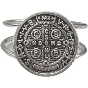 Silver Tone Saint Benedict Medal Ring with Thin Double Strap Band, Adjustable Religious Wrap Around Rings, Catholic Keepsake Gift for Teenage Girls, One Size Fits Most