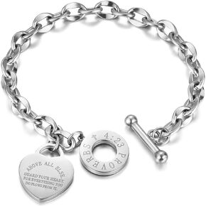 Heart Charm Bracelet for Women Teen Girls, Bible Verse Bracelet 18K Gold Plated Stainless Steel Bracelet Love Pendant Link Chain OT Clasp,Birthday Christmas Jewelry Gift for Mother Her, Silver