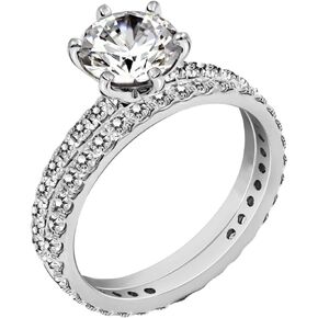 Amazon Essentials Platinum or Gold Plated Sterling Silver Round Ring Set made with Infinite Elements Zirconia (previously Amazon Collection)