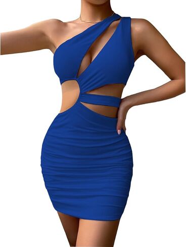 SHESEEWORLD Women's Sexy Sleeveless One Shoulder Cutout Ruched Slim Fit Summer Bodycon Club Mini Dress in Saudi Arabia