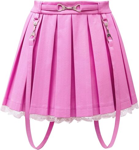 Littleforbig Women's A-Line Pleated Faux Leather Flared Casual Lace Trim Mini Skirts - Troublemaker New Waistband Pink XS in Saudi Arabia