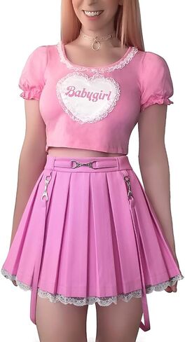 Littleforbig Women's A-Line Pleated Faux Leather Flared Casual Lace Trim Mini Skirts - Troublemaker New Waistband Pink XS in Saudi Arabia