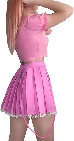 Littleforbig Women's A-Line Pleated Faux Leather Flared Casual Lace Trim Mini Skirts - Troublemaker New Waistband Pink XS in Saudi Arabia