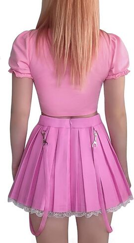 Littleforbig Women's A-Line Pleated Faux Leather Flared Casual Lace Trim Mini Skirts - Troublemaker New Waistband Pink XS in Saudi Arabia