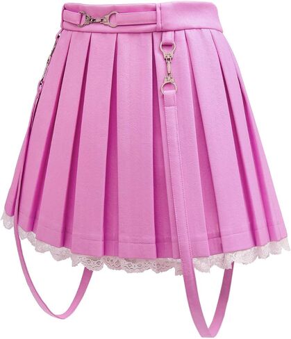 Littleforbig Women's A-Line Pleated Faux Leather Flared Casual Lace Trim Mini Skirts - Troublemaker New Waistband Pink XS in Saudi Arabia