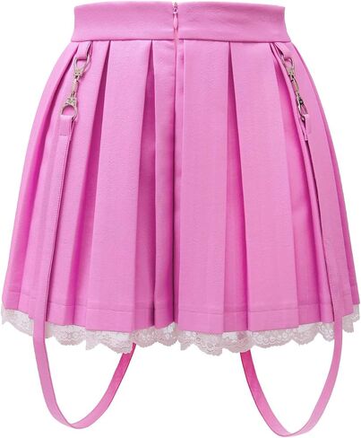 Littleforbig Women's A-Line Pleated Faux Leather Flared Casual Lace Trim Mini Skirts - Troublemaker New Waistband Pink XS in Saudi Arabia