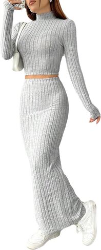 Floerns Women's 2 Piece Outfit Solid Rib Knit Mock Neck Tee Shirt and Skirt Set in Saudi Arabia
