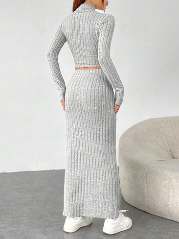 Floerns Women's 2 Piece Outfit Solid Rib Knit Mock Neck Tee Shirt and Skirt Set in Saudi Arabia